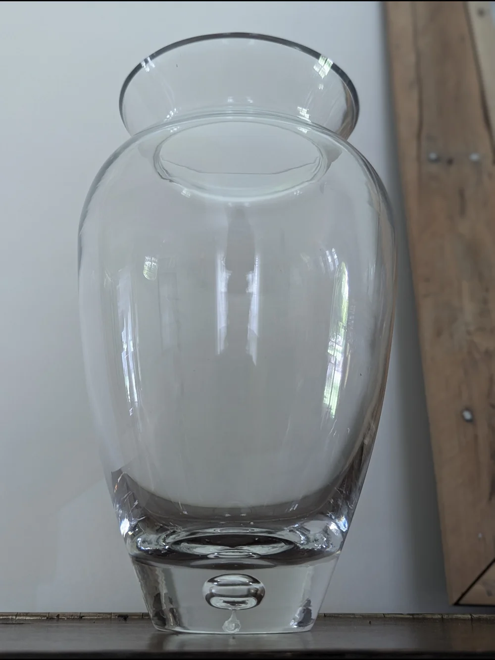 Heavy Clear Glass Urn Vase Controlled Bubble Base Flare Lip 10
